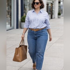 Talbots Blue White Striped Button Down Shirt Plus Size 16W Classic Preppy Coasta